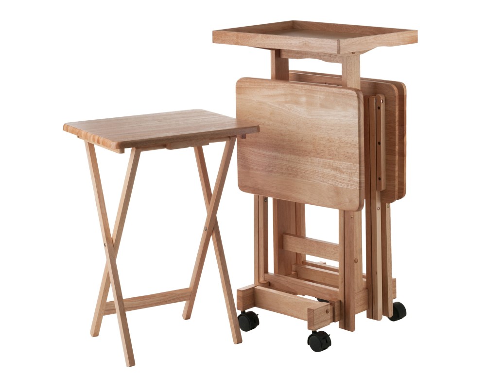 Isabelle Set of 4 Snack Tables with Mobile Stand and Removable Tray, Natural