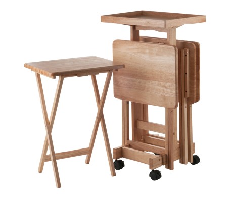 Isabelle Set of 4 Snack Tables with Mobile Stand and Removable Tray, Natural