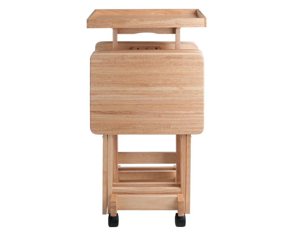 Isabelle Set of 4 Snack Tables with Mobile Stand and Removable Tray, Natural