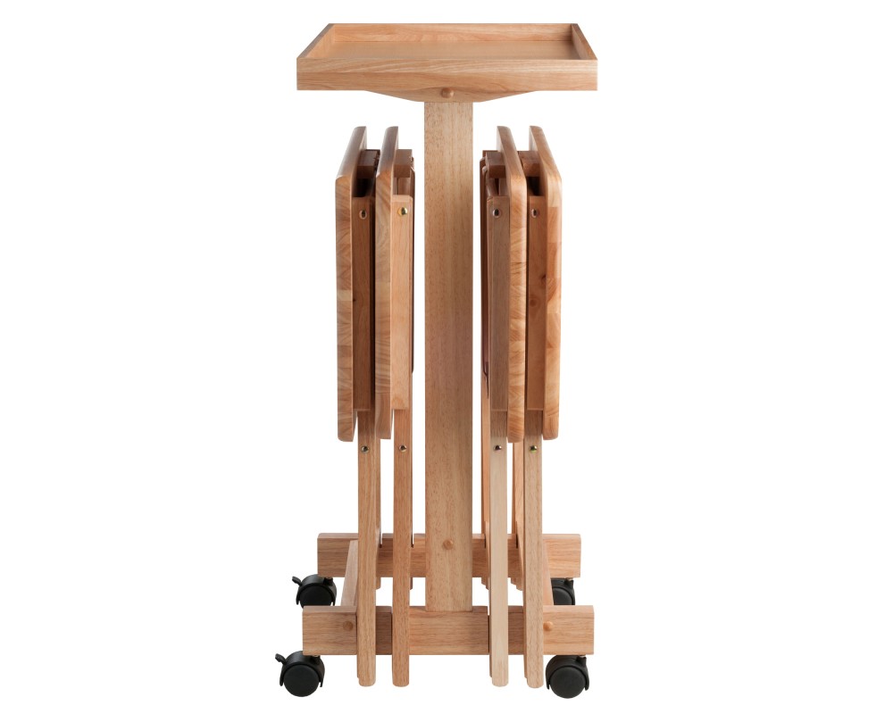 Isabelle Set of 4 Snack Tables with Mobile Stand and Removable Tray, Natural