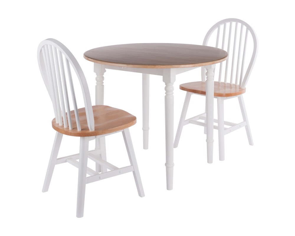 Sorella 3-Pc Double Drop Leaf Dining Table With 2 Windsor Chairs, Natural and White