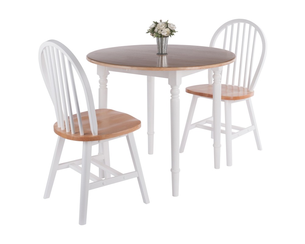 Sorella 3-Pc Double Drop Leaf Dining Table With 2 Windsor Chairs, Natural and White