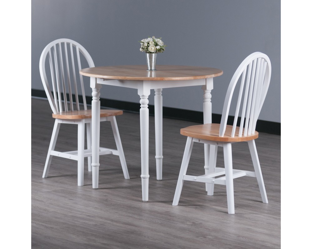 Sorella 3-Pc Double Drop Leaf Dining Table With 2 Windsor Chairs, Natural and White