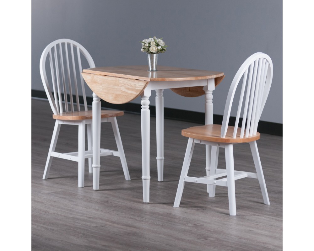 Sorella 3-Pc Double Drop Leaf Dining Table With 2 Windsor Chairs, Natural and White