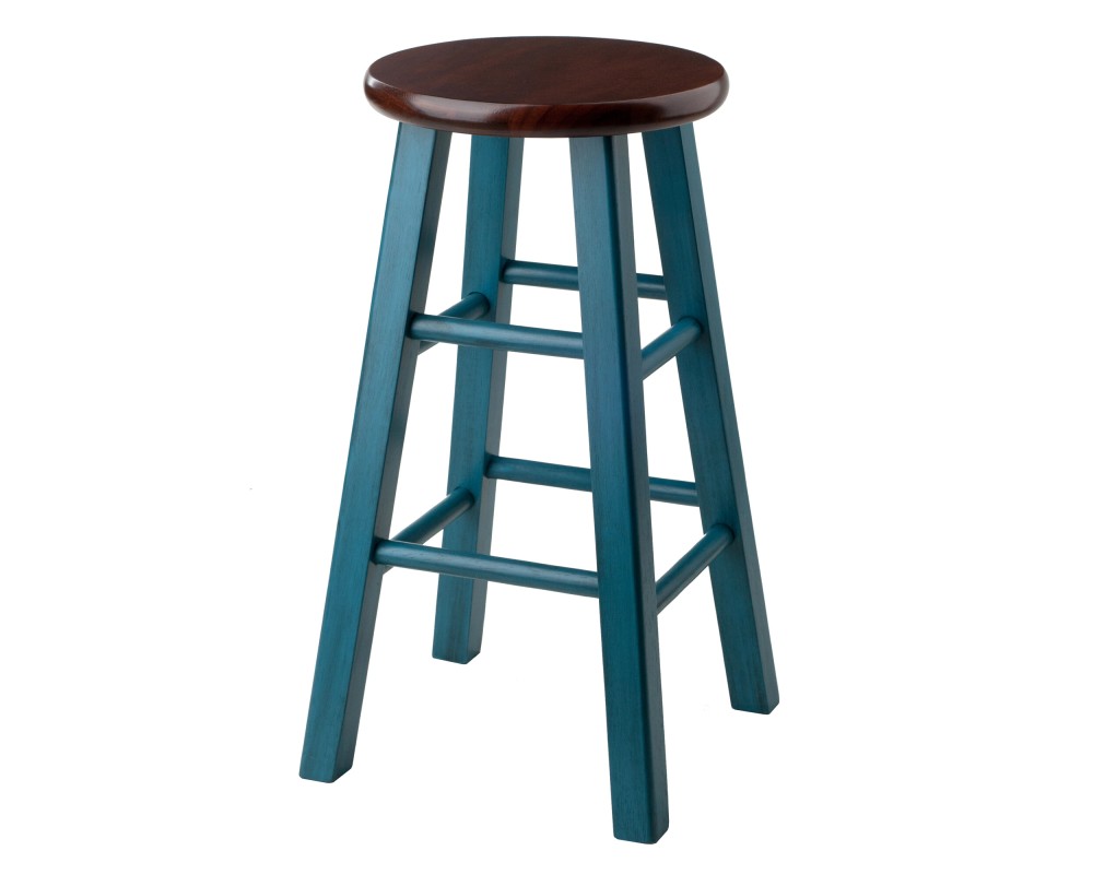Ivy Round Counter Stool with Footrest, 24' High, Rustic Teal and Walnut