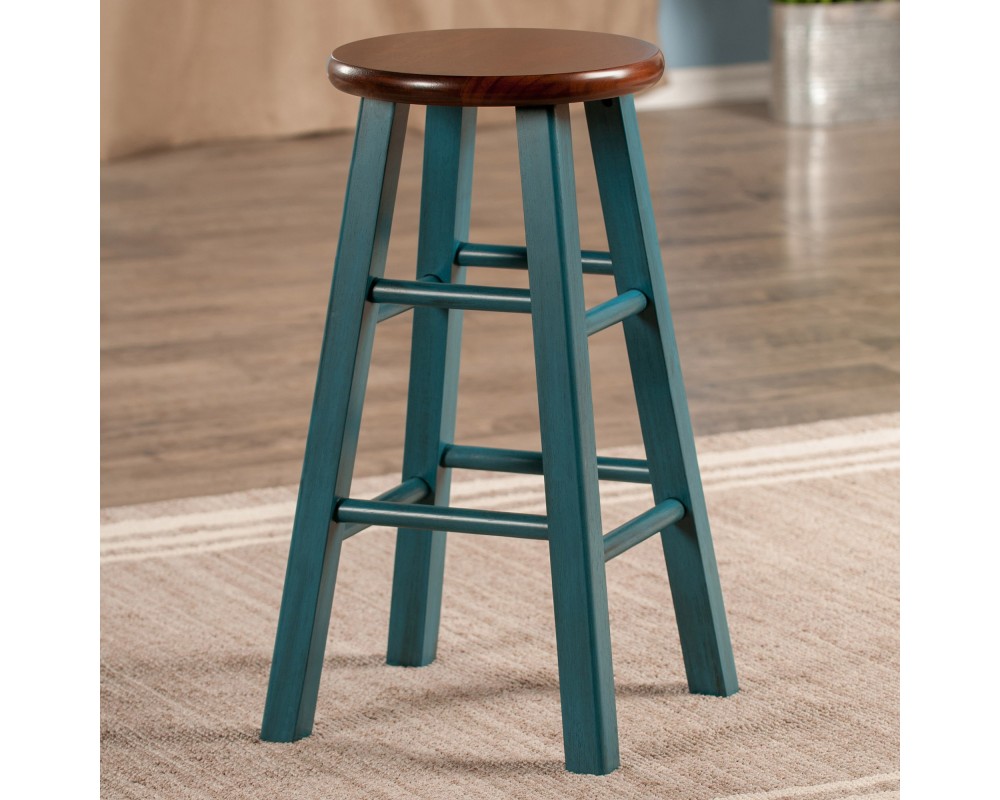Ivy Round Counter Stool with Footrest, 24' High, Rustic Teal and Walnut