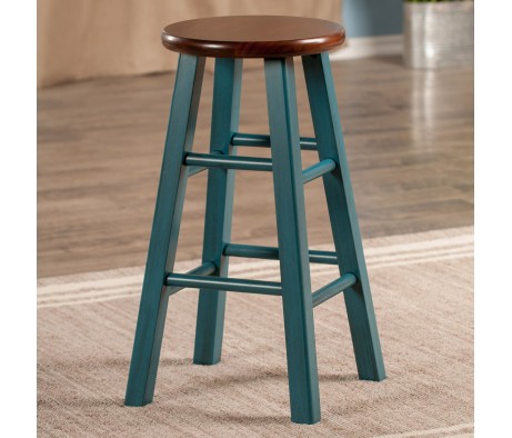 Ivy Round Counter Stool with Footrest, 24' High, Rustic Teal and Walnut