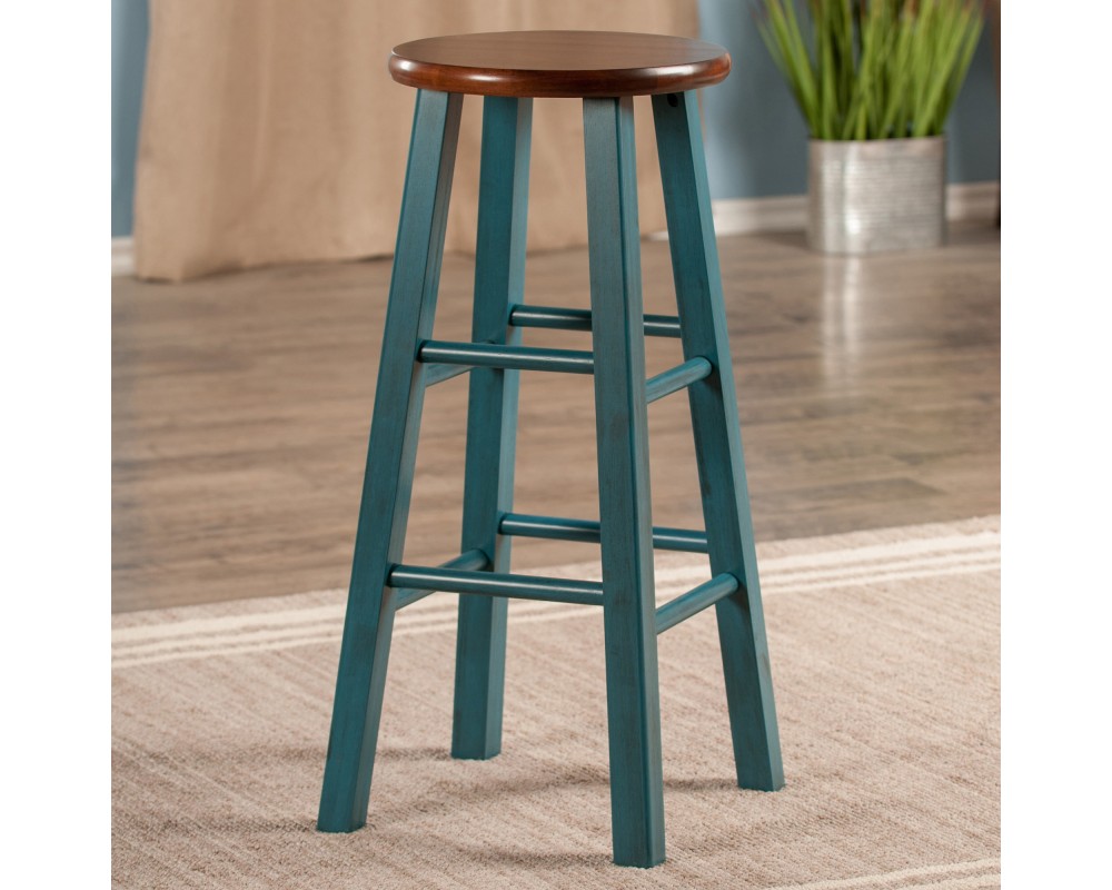Ivy Round Bar Stool with Footrest, 29' High, Rustic Teal and Walnut