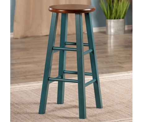 Ivy Round Bar Stool with Footrest, 29' High, Rustic Teal and Walnut