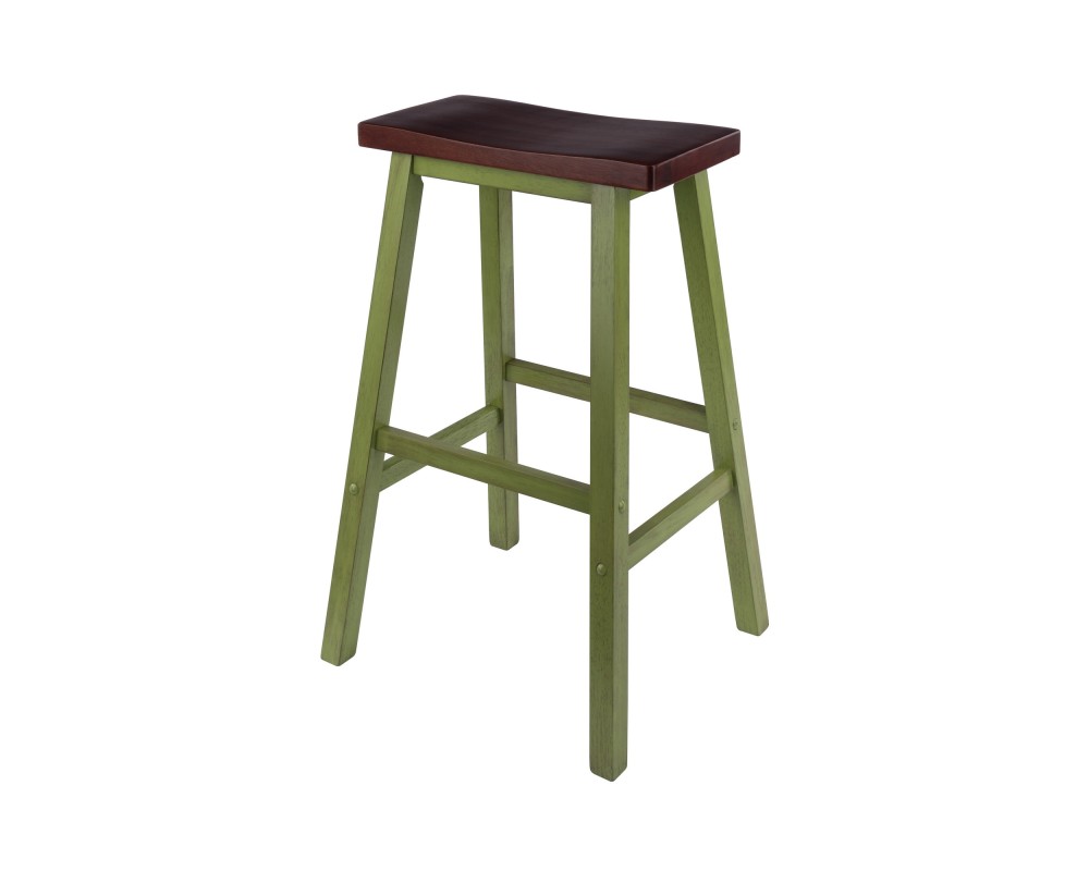 Satori Saddle Seat Bar Stool, Rustic Green and Walnut