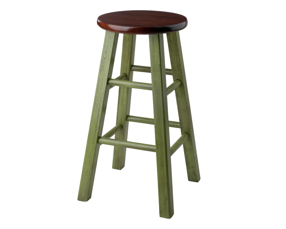 Ivy Round Counter Stool with Footrest, 24' High, Rustic Green and Walnut