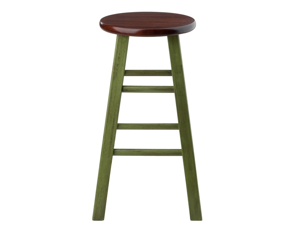 Ivy Round Counter Stool with Footrest, 24' High, Rustic Green and Walnut