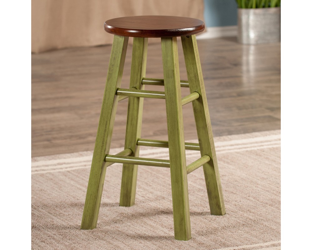 Ivy Round Counter Stool with Footrest, 24' High, Rustic Green and Walnut