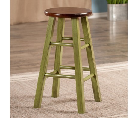 Ivy Round Counter Stool with Footrest, 24' High, Rustic Green and Walnut