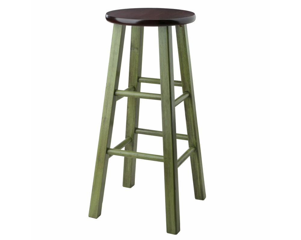 Ivy Round Bar Stool with Footrest, 29' High, Rustic Green and Walnut