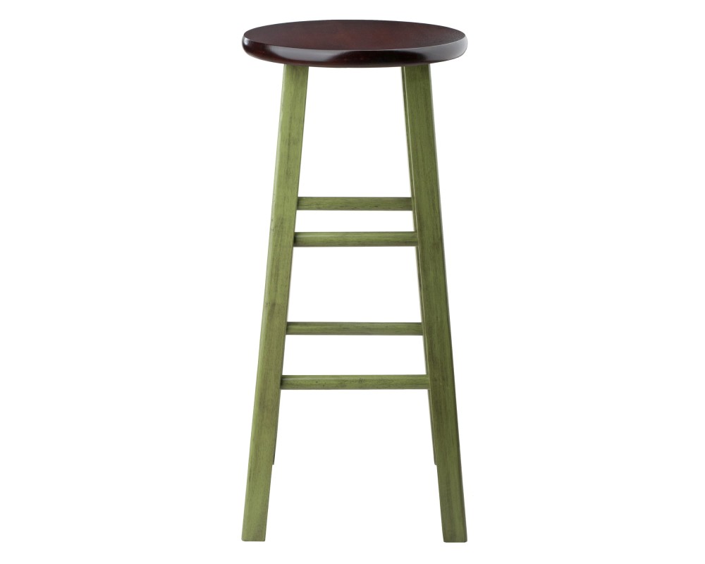 Ivy Round Bar Stool with Footrest, 29' High, Rustic Green and Walnut