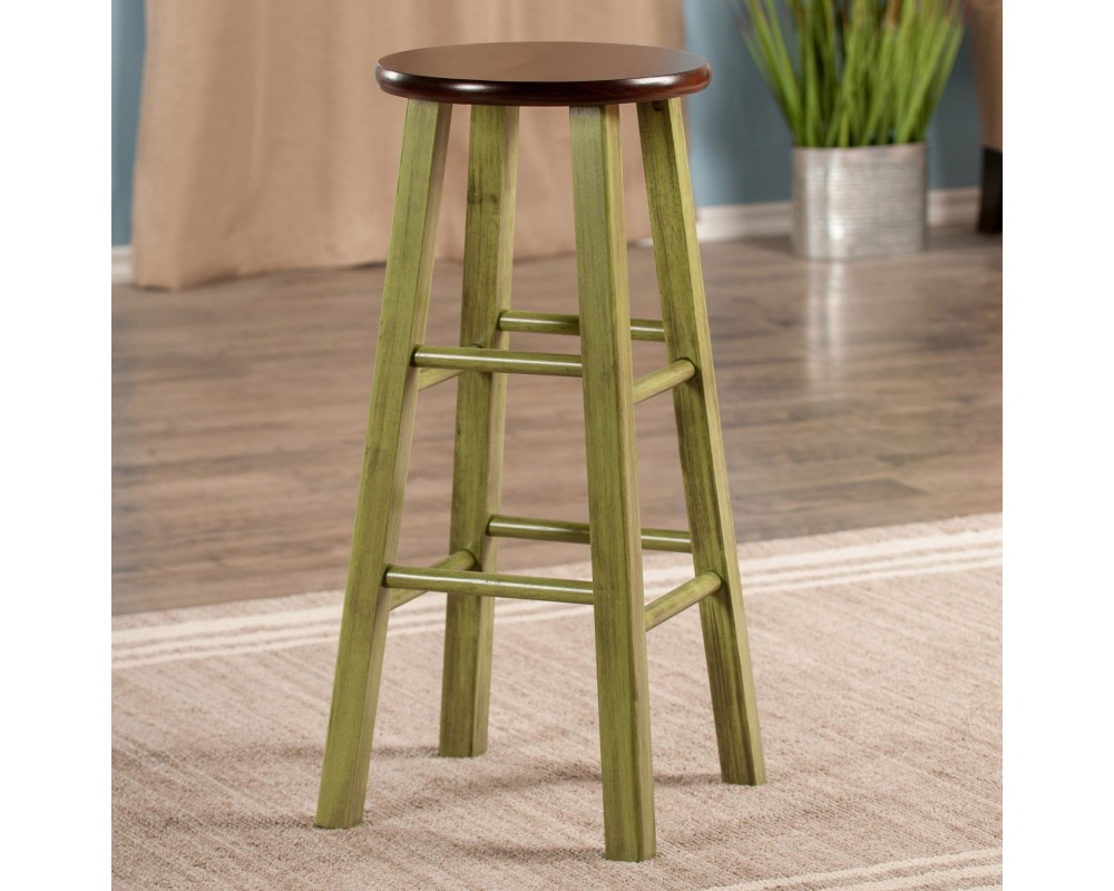 Ivy Round Bar Stool with Footrest, 29' High, Rustic Green and Walnut