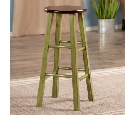 Ivy Round Bar Stool with Footrest, 29' High, Rustic Green and Walnut