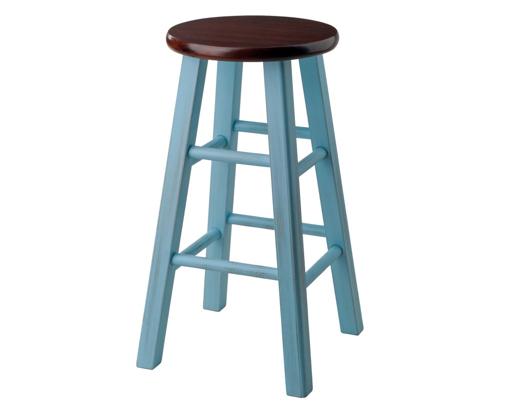 Ivy Round Counter Stool with Footrest, 24' High, Rustic Light Blue and Walnut