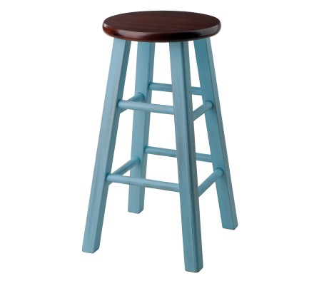 Ivy Round Counter Stool with Footrest, 24' High, Rustic Light Blue and Walnut