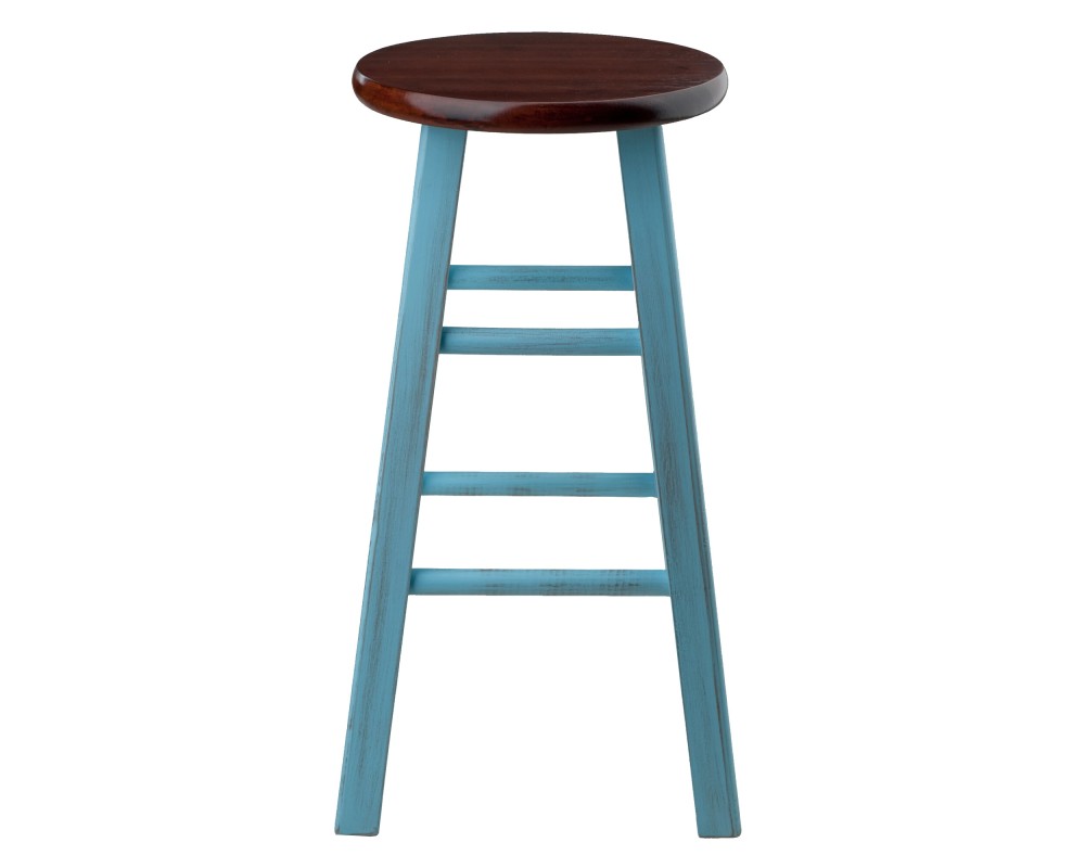 Ivy Round Counter Stool with Footrest, 24' High, Rustic Light Blue and Walnut