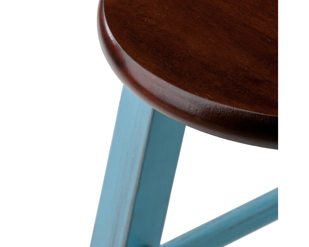 Ivy Round Counter Stool with Footrest, 24' High, Rustic Light Blue and Walnut