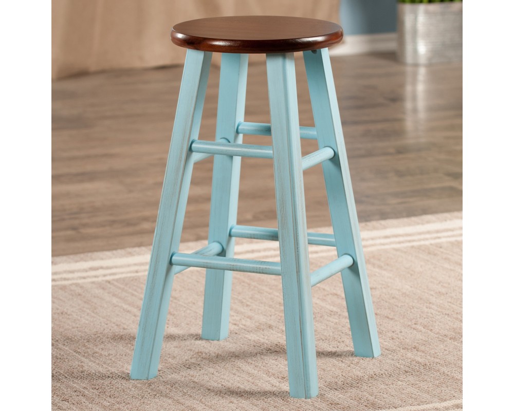 Ivy Round Counter Stool with Footrest, 24' High, Rustic Light Blue and Walnut