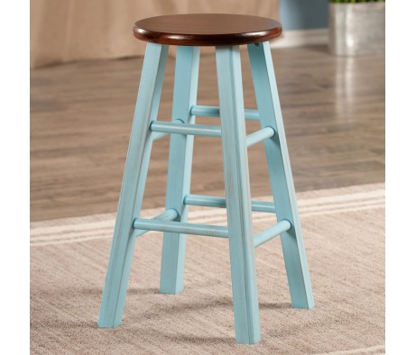 Ivy Round Counter Stool with Footrest, 24' High, Rustic Light Blue and Walnut