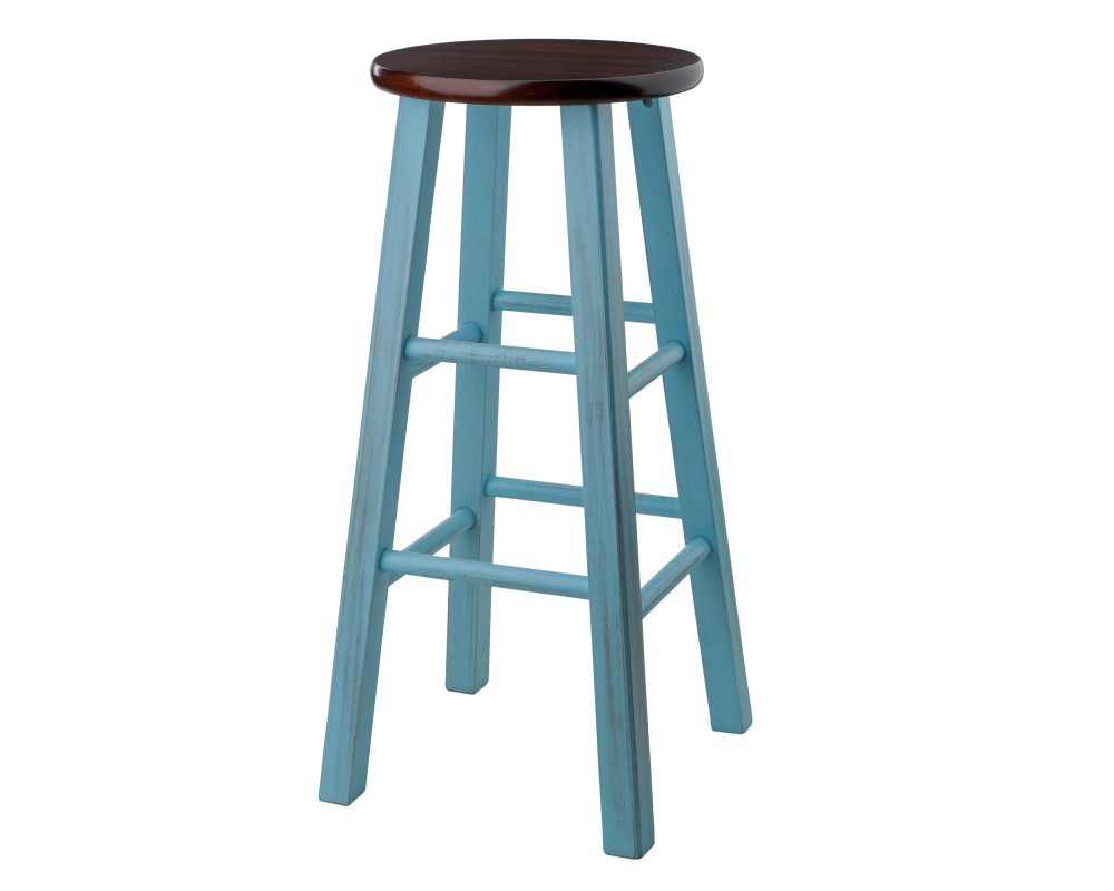 Ivy Round Bar Stool with Footrest, 29' High, Rustic Light Blue and Walnut