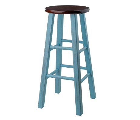 Ivy Round Bar Stool with Footrest, 29' High, Rustic Light Blue and Walnut