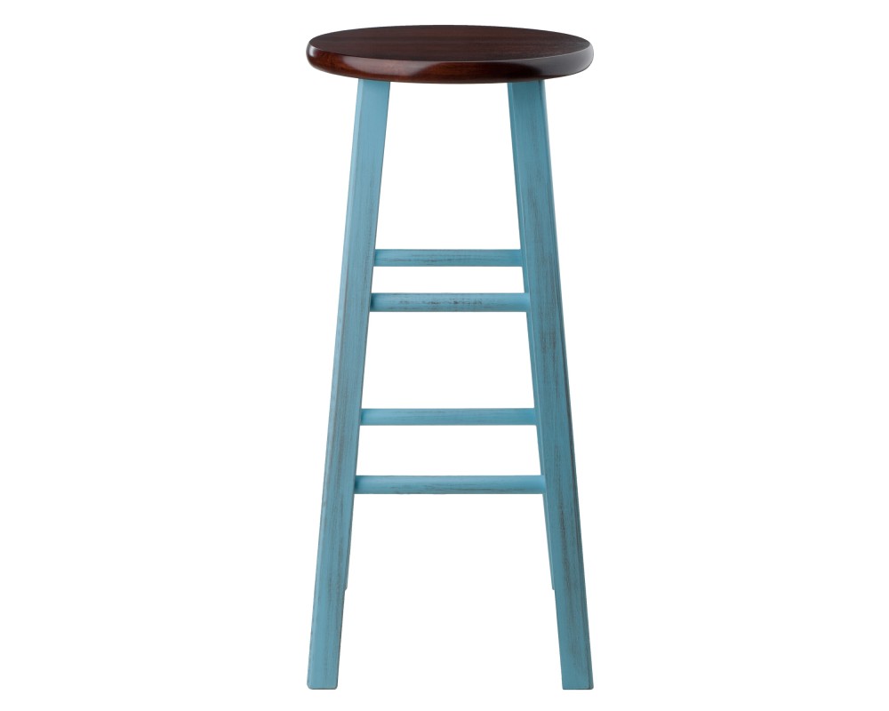 Ivy Round Bar Stool with Footrest, 29' High, Rustic Light Blue and Walnut