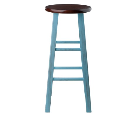 Ivy Round Bar Stool with Footrest, 29' High, Rustic Light Blue and Walnut