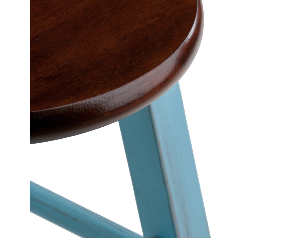 Ivy Round Bar Stool with Footrest, 29' High, Rustic Light Blue and Walnut
