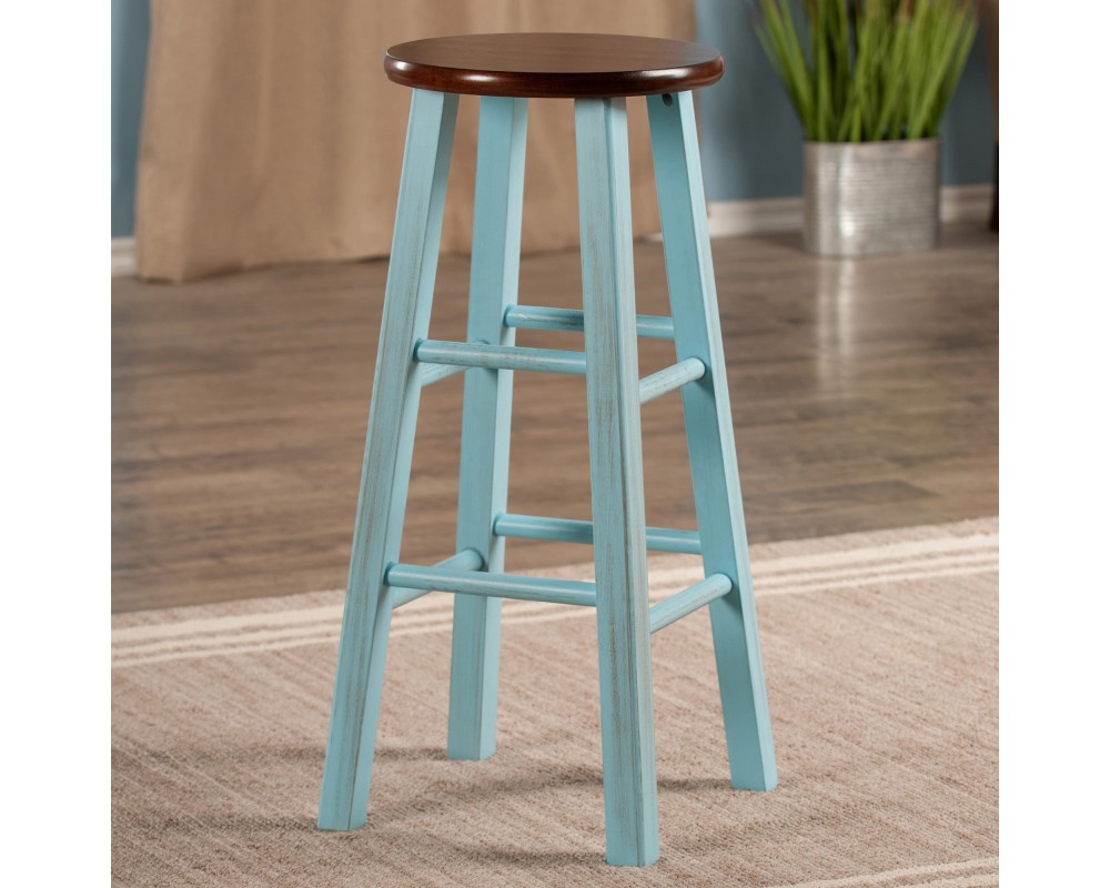 Ivy Round Bar Stool with Footrest, 29' High, Rustic Light Blue and Walnut