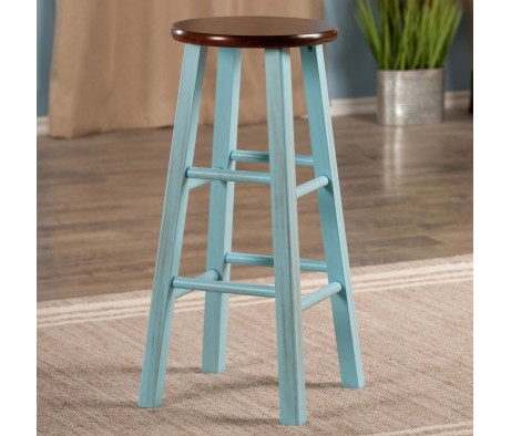 Ivy Round Bar Stool with Footrest, 29' High, Rustic Light Blue and Walnut
