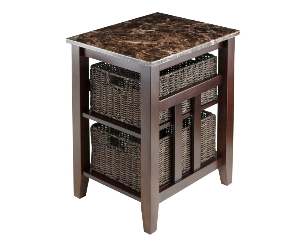 Zoey Side Table with 2 Foldable Chocolate Corn Husk Baskets, Faux Marble, Walnut and Chocolate