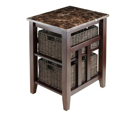 Zoey Side Table with 2 Foldable Chocolate Corn Husk Baskets, Faux Marble, Walnut and Chocolate