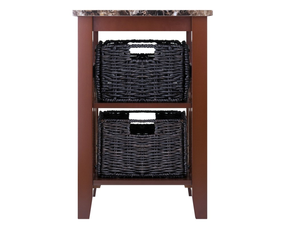 Zoey Side Table with 2 Foldable Chocolate Corn Husk Baskets, Faux Marble, Walnut and Chocolate