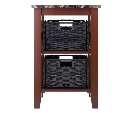 Zoey Side Table with 2 Foldable Chocolate Corn Husk Baskets, Faux Marble, Walnut and Chocolate