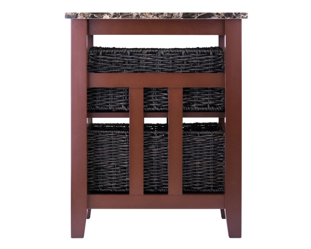 Zoey Side Table with 2 Foldable Chocolate Corn Husk Baskets, Faux Marble, Walnut and Chocolate