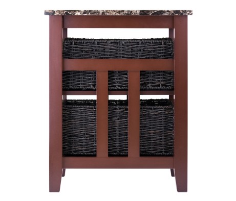 Zoey Side Table with 2 Foldable Chocolate Corn Husk Baskets, Faux Marble, Walnut and Chocolate