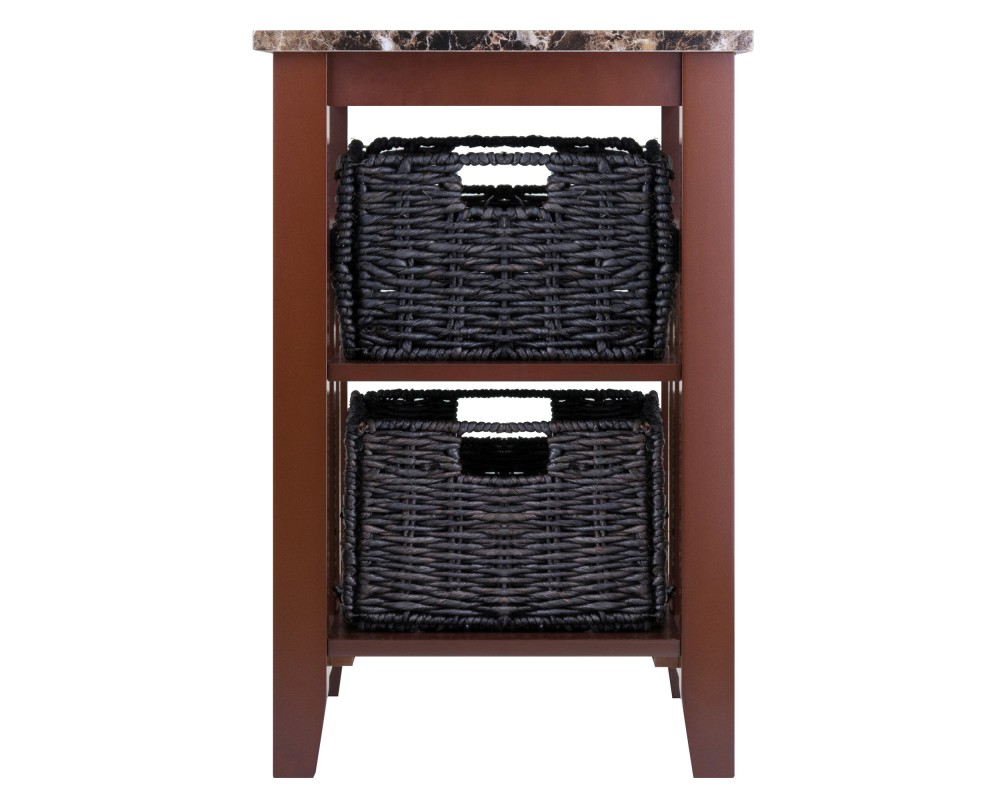 Zoey Side Table with 2 Foldable Chocolate Corn Husk Baskets, Faux Marble, Walnut and Chocolate