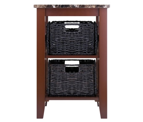 Zoey Side Table with 2 Foldable Chocolate Corn Husk Baskets, Faux Marble, Walnut and Chocolate