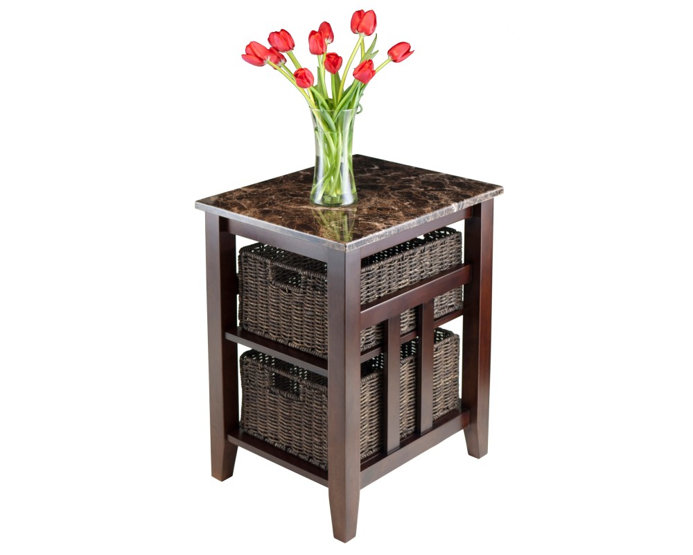 Zoey Side Table with 2 Foldable Chocolate Corn Husk Baskets, Faux Marble, Walnut and Chocolate