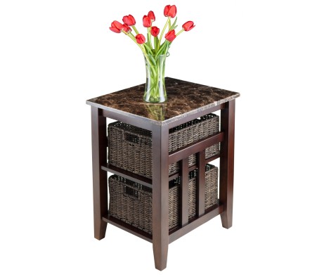 Zoey Side Table with 2 Foldable Chocolate Corn Husk Baskets, Faux Marble, Walnut and Chocolate