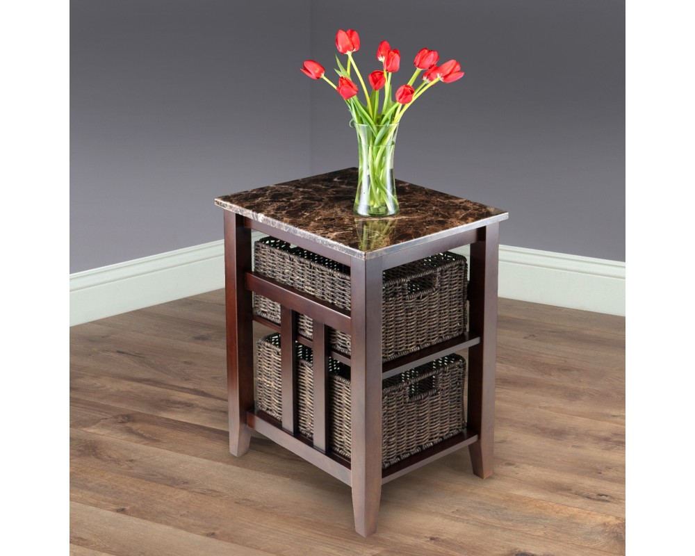Zoey Side Table with 2 Foldable Chocolate Corn Husk Baskets, Faux Marble, Walnut and Chocolate