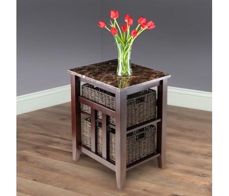 Zoey Side Table with 2 Foldable Chocolate Corn Husk Baskets, Faux Marble, Walnut and Chocolate
