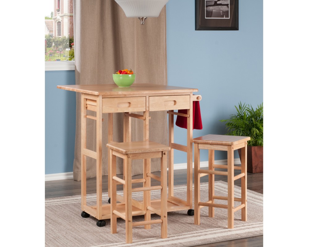 Suzanne Kitchen Space-Saver Table Set with 2 Tuck-Away Stools, 33' Tall, 29' Long, 30' Wide, Beech