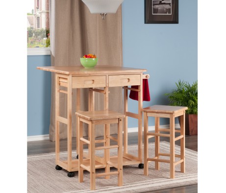Suzanne Kitchen Space-Saver Table Set with 2 Tuck-Away Stools, 33' Tall, 29' Long, 30' Wide, Beech