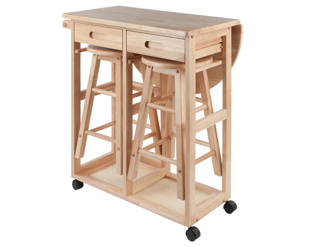 Burnett Space-Saver Table Set with 2 Tuck-Away Stools, 33' High, 30' Wide, Natural